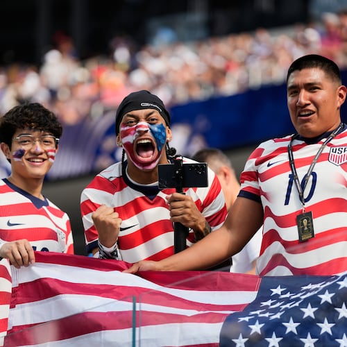 United States fans cheer prior to the World Cup Group D soccer match between the United States and Paraguay in Inglewood, Calif., near Los Angeles, Friday, June 12, 2026. (AP Photo/Andre Penner)