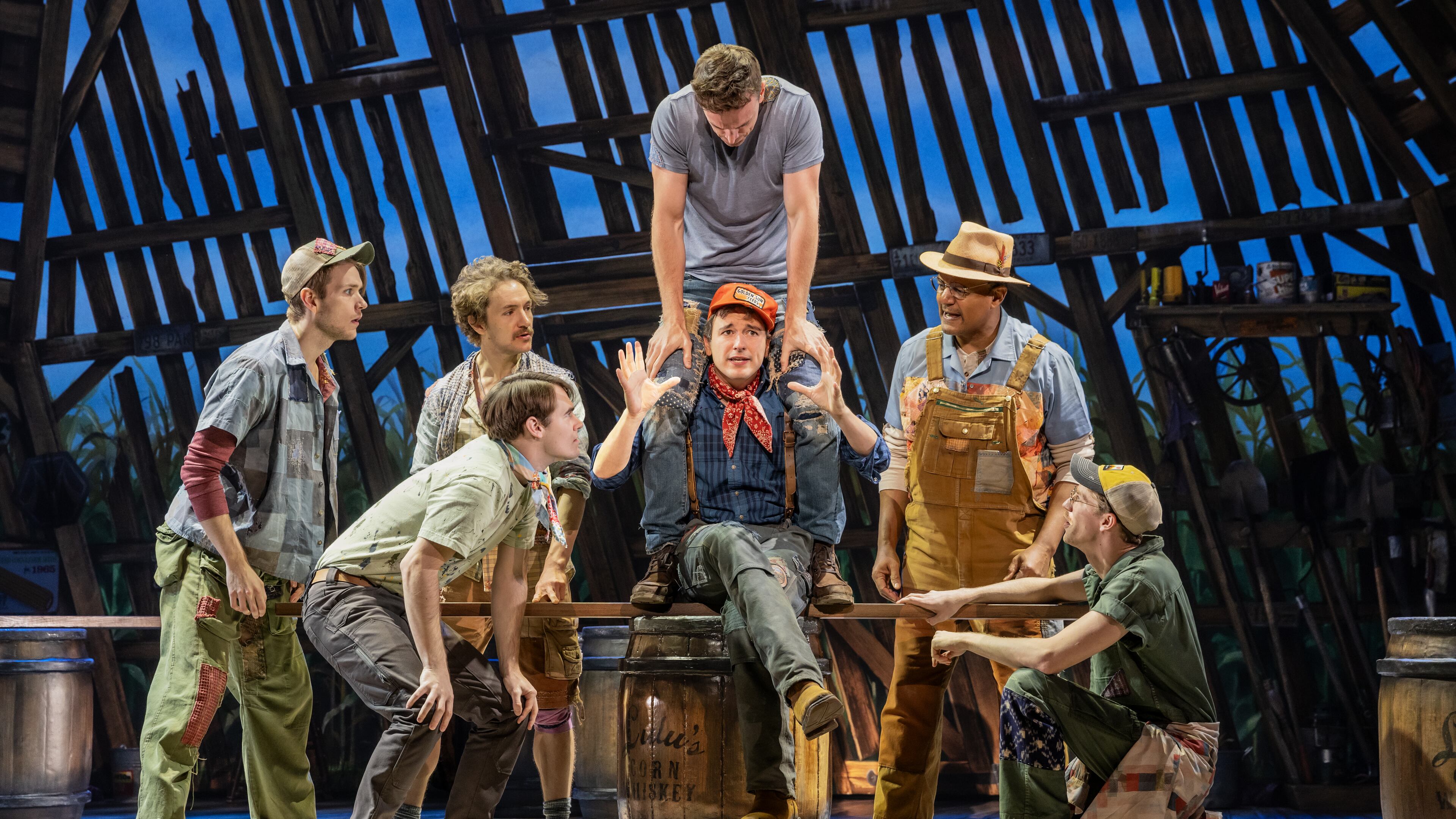 Georgia-bred actor Jackson Goad (far left, green pants) has been in the ensemble cast for the Broadway touring production of "Shucked" for more than 200 shows. (Evan Zimmerman)