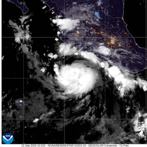This satellite image from the National Oceanic and Atmospheric Administration shows Tropical Storm Polo, Monday, Sept. 21, 2026. (NOAA via AP)