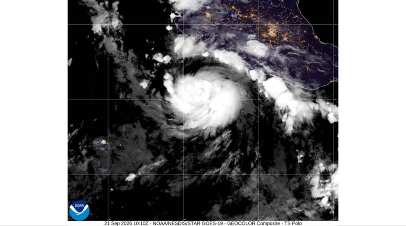 This satellite image from the National Oceanic and Atmospheric Administration shows Tropical Storm Polo, Monday, Sept. 21, 2026. (NOAA via AP)