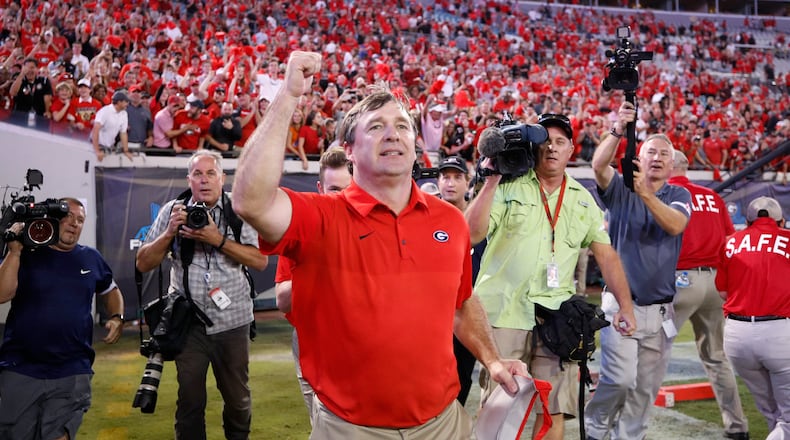 JACKSONVILLE, FL - OCTOBER 28: Georgia Bulldogs head coach Kirby Smart celebrates after a game against the Florida Gators at EverBank Field on October 28, 2017 in Jacksonville, Florida. Georgia defeated Florida 42-7. (Photo by Joe Robbins/Getty Images)