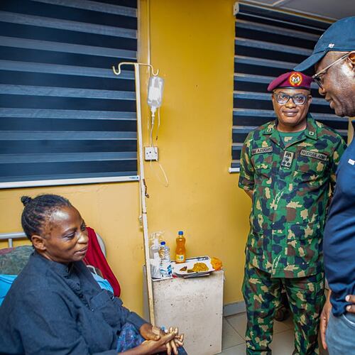 In this photo released by Oyo state government House, Governor Seyi Makinde, right, visits a teacher abducted in May by Islamic militants, following her release at a hospital in southwestern Oyo, Nigeria, Saturday, July 11, 2026. (Oyo State government House via AP)