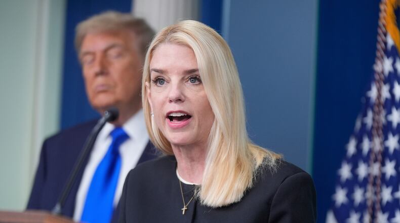 FILE - Attorney General Pam Bondi speaks to the media, June 27, 2025, in the briefing room of the White House in Washington, as President Trump looks on. (AP Photo/Manuel Ceneta, File)