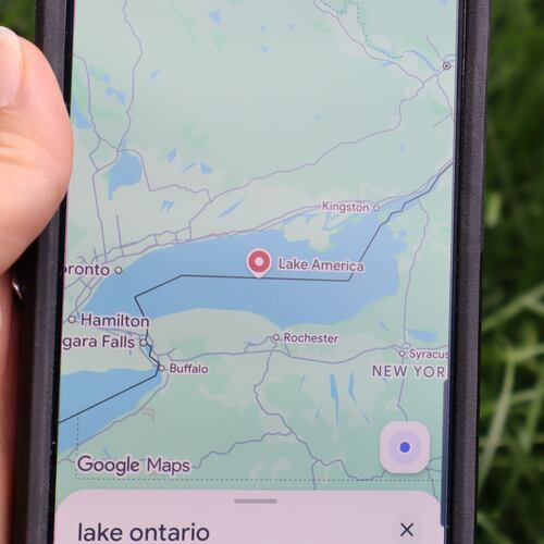 A search for "Lake Ontario" on Google Maps shows up as "Lake America," Sunday, Aug. 30, 2026, from Bellemont, Ariz. (AP Photo/Felicia Fonseca)