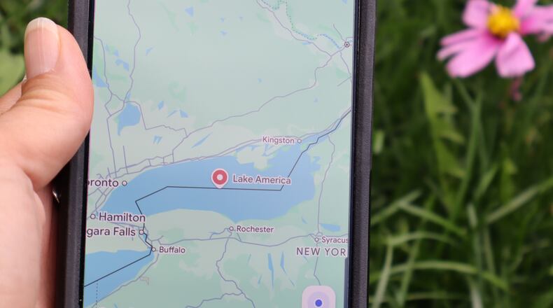 A search for "Lake Ontario" on Google Maps shows up as "Lake America," Sunday, Aug. 30, 2026, from Bellemont, Ariz. (AP Photo/Felicia Fonseca)