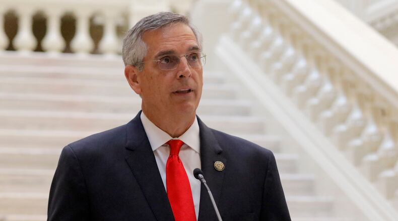 Georgia Secretary Of State Brad Raffensperger speaks during a press conference at the Georgia State Capitol on Aug. 11, 2021. (Christine Tannous/The Atlanta Journal-Constitution/TNS)