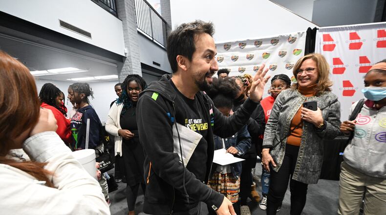 October 19, 2022 Forest Park - The award-winning creator of Hamilton the Musical, Lin-Manuel Miranda, leaves after he met students and young voters at Leonhard Hartsfield Community Center in Forest Park on Tuesday, August 19, 2022. (Hyosub Shin / Hyosub.Shin@ajc.com)