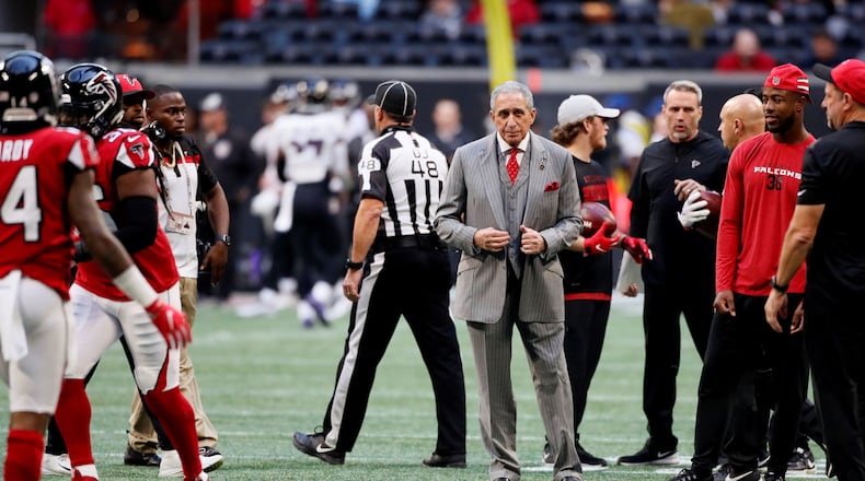 Falcons owner Arthur Blank watches pregame warmups.   The Atlanta Falcons played the Baltimore Ravens in a NFL football game Sunday, Dec. 2nd, 2018, at Mercedes-Benz Stadium in Atlanta, GA.      BOB ANDRES / BANDRES@AJC.COM