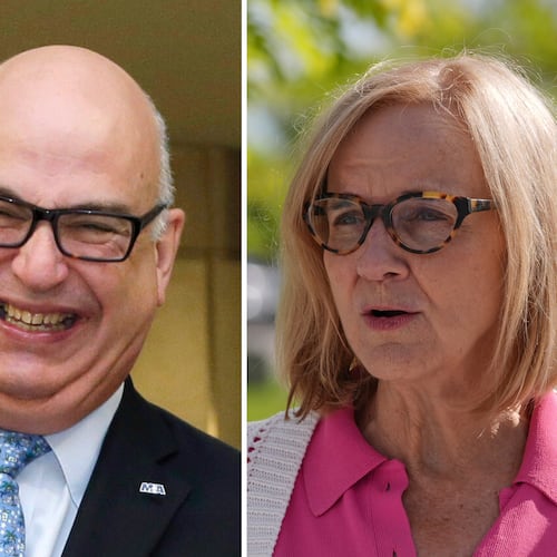 FILE - This combination of images shows candidates for mayor of Miami, from left, Republican Emilio Gonzalez and Democrat Eileen Higgins. (AP Photo/File)