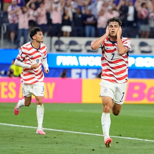 United States' Giovanni Reyna, right, reacts after scoring his team's fourth goal during the World Cup Group D soccer match between the United States and Paraguay in Inglewood, Calif., near Los Angeles, Friday, June 12, 2026. (AP Photo/Mark J. Terrill)