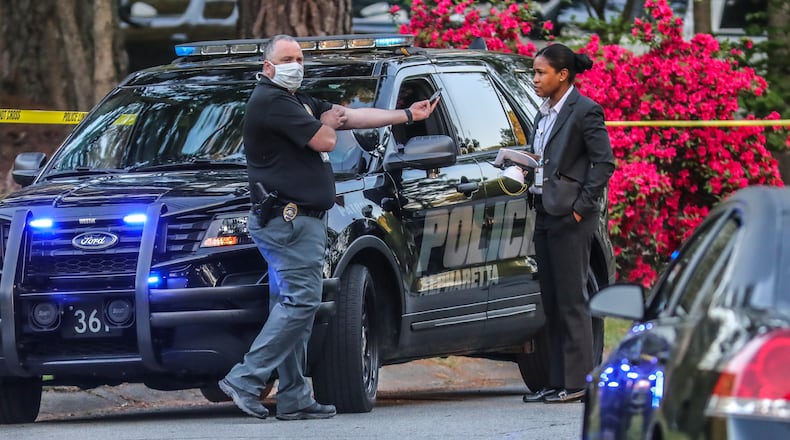 April 6, 2020 Alpharetta: Alpharetta police worked the scene on Monday, April 6, 2020 after an 18-year-old man was taken into custody after police said he stabbed three people in an Alpharetta home, killing one. Shortly before 5 a.m. Monday, police received a call about a domestic disturbance at a home on Nathan Circle, according to Alpharetta police spokesman Sgt. Howard Miller. The disturbance involved a person with a knife, he said. When police arrived, a man covered in blood met them at the door. The man told police that he and some of his family members had been stabbed. The family members were still inside the house, Miller said. Officers went inside the residence and found a woman and a man suffering from stab wounds. The womanâs condition was not released, but the man was pronounced dead. Investigators said the 18-year-old suspect fled before police got to the scene. Alpharetta police called for a K-9 to assist in the investigation, and Johns Creek police brought their police dog to track the suspect down. He was found about 100 yards behind the home and surrendered peacefully, Miller said. The suspect was also hurt, but investigators arenât sure how he received his injuries. He and the injured victims are being treated at a hospital. It is not clear how the suspect and the man he is accused of killing are related, Miller said. However, police believe the victim could be the suspectâs father. âWe have no reason to believe there is a danger to our community,â police said. Police have not released the names of the suspect or any of the victims. JOHN SPINK/JSPINK@AJC.COM