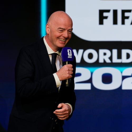 FIFA President Gianni Infantino speaks during the match schedule reveal for the 2026 soccer World Cup in Washington, Saturday, Dec. 6, 2025. (AP Photo/Chris Carlson)