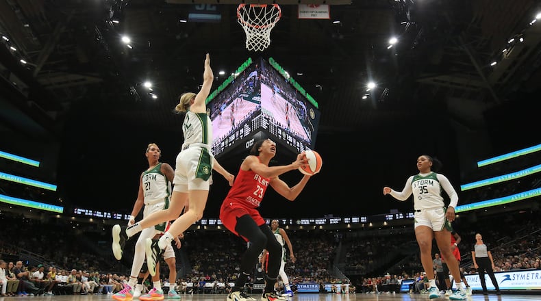 Aerial Powers of the Atlanta Dream goes to the basket during the game on July 14, 2024 at Climate Pledge Arena in Seattle, Washington. (Photo by Scott Eklund/NBAE via Getty Images)