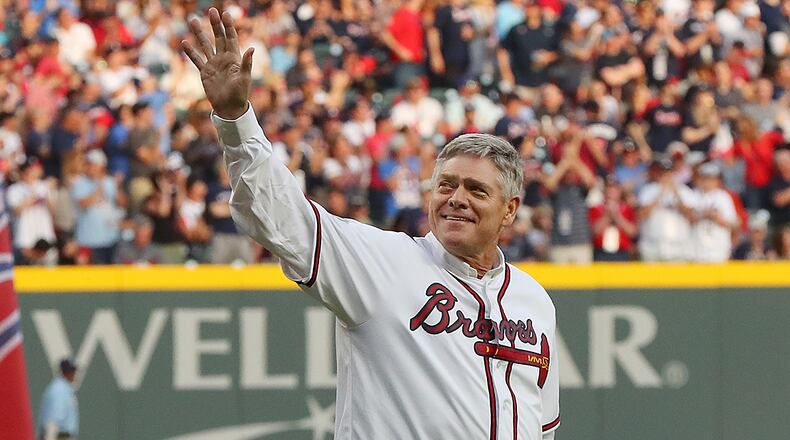 Braves icon Dale Murphy is pictured waving to the crowd before the Braves’ home opener at SunTrust Park in April. (Curtis Compton/ccompton@ajc.com)