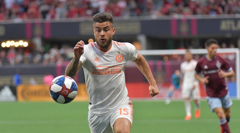 Atlanta United forward Hector Villalba (15) works the ball during the second half in a MLS soccer match at Mercedes-Benz Stadium in Atlanta on Saturday, April 27, 2019. Atlanta United won 1-0 over the Colorado Rapids. HYOSUB SHIN / HSHIN@AJC.COM