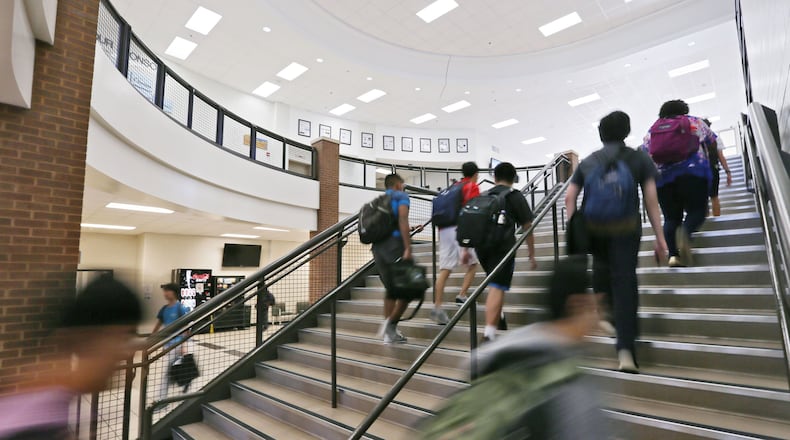 Students change classrooms at the Gwinnett School of Mathematics, Science, and Technology in Lawrenceville in September 2015. BOB ANDRES / BANDRES@AJC.COM