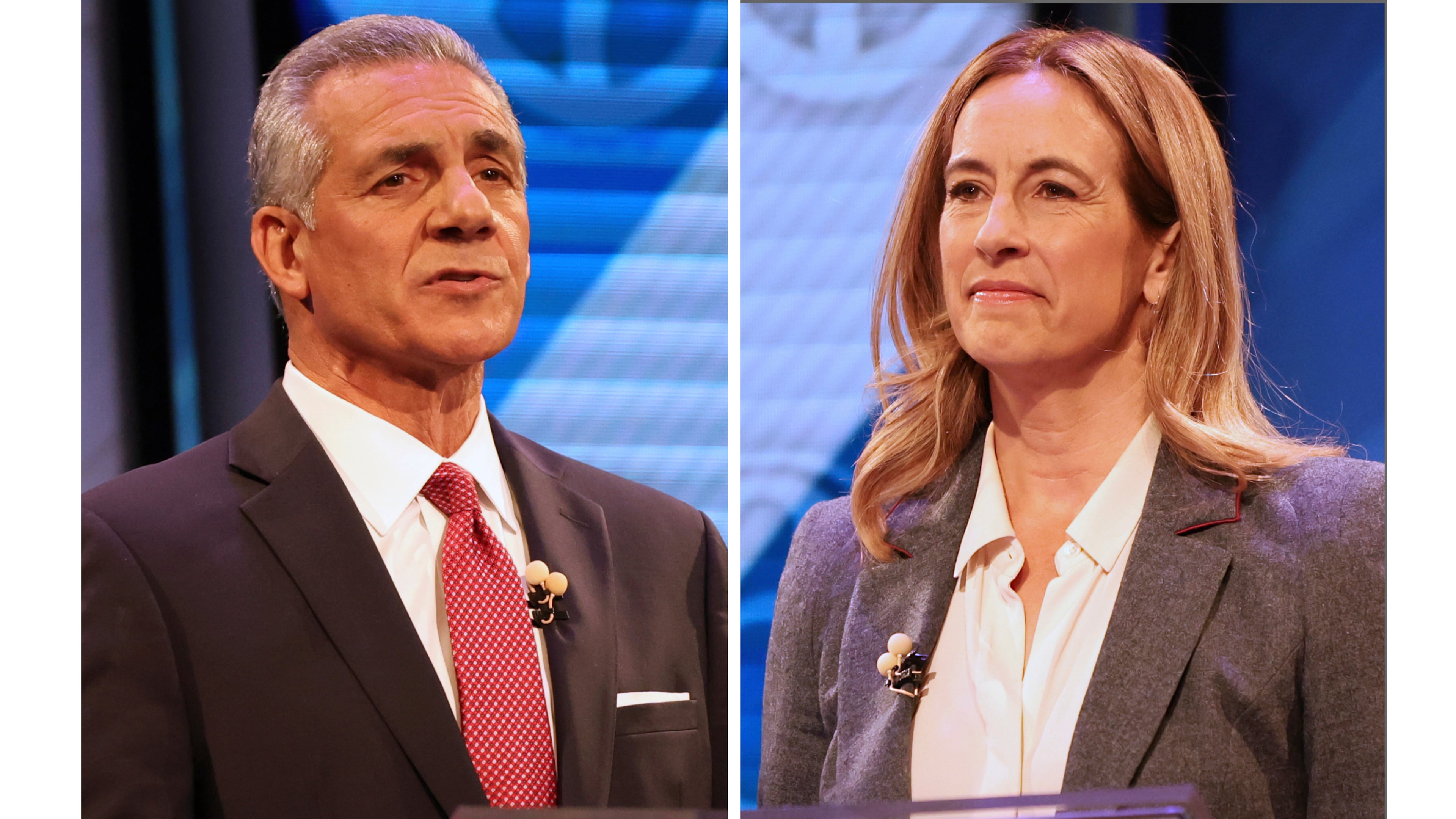 This combination photo shows candidates for governor of New Jersey Republican Jack Ciattarelli, left, and Democrat Mikie Sherrill during the final debate in governors race, Oct. 8, 2025, in New Brunswick, N.J. (AP Photos/Heather Khalifa)