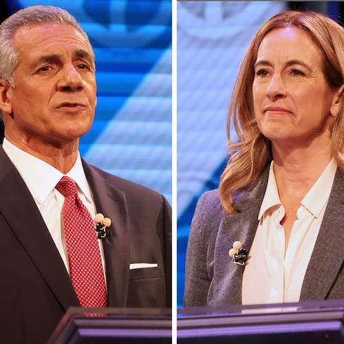 This combination photo shows candidates for governor of New Jersey Republican Jack Ciattarelli, left, and Democrat Mikie Sherrill during the final debate in governors race, Oct. 8, 2025, in New Brunswick, N.J. (AP Photos/Heather Khalifa)