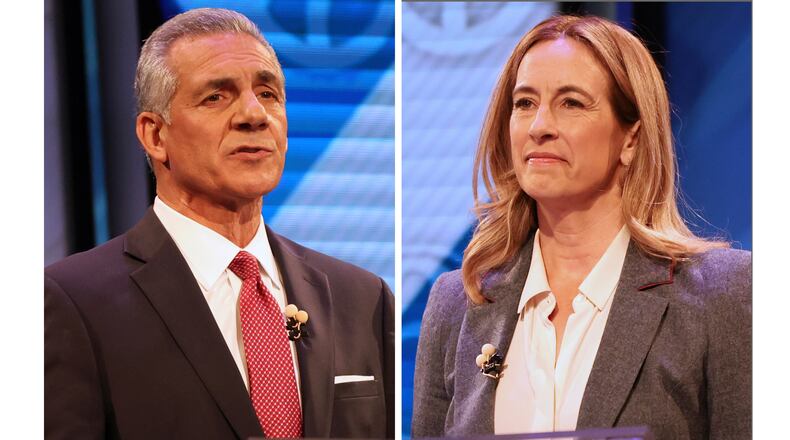 This combination photo shows candidates for governor of New Jersey Republican Jack Ciattarelli, left, and Democrat Mikie Sherrill during the final debate in governors race, Oct. 8, 2025, in New Brunswick, N.J. (AP Photos/Heather Khalifa)