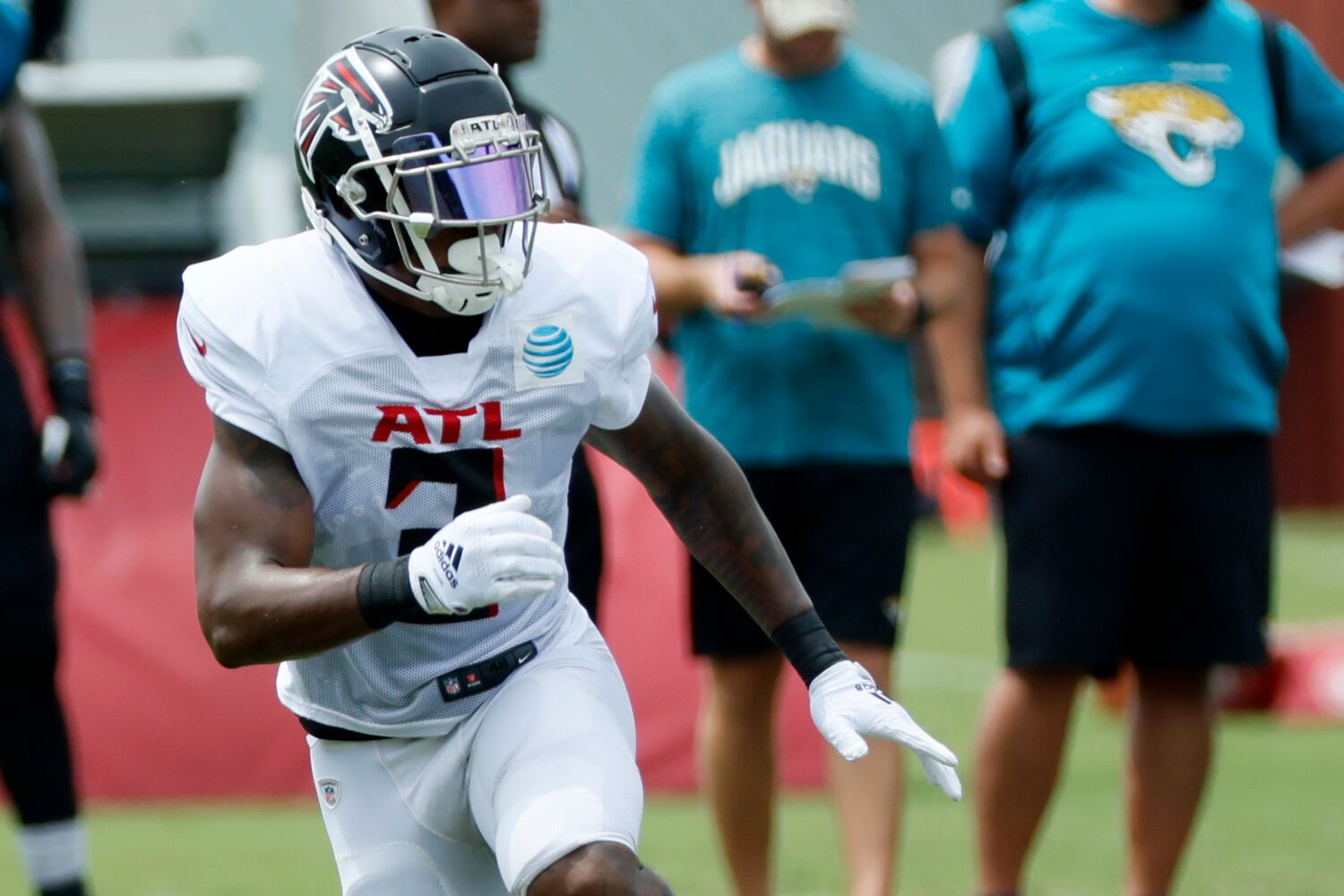 Atlanta Falcons linebacker Mikal Walker (3) follows a play during a joint training camp with the Jacksonville Jaguars at the Falcons Practice Facility on Wednesday, August 24, 2022, in Flowery Branch, Ga. Miguel Martinez / miguel.martinezjimenez@ajc.com