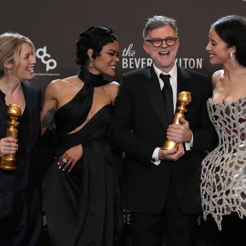 Sara Murphy, from left, Teyana Taylor, Paul Thomas Anderson, and Chase Infiniti pose in the press room with the award for best motion picture â musical or comedy for "One Battle After Another" during the 83rd Golden Globes on Sunday, Jan. 11, 2026, at the Beverly Hilton in Beverly Hills, Calif. (AP Photo/Chris Pizzello)