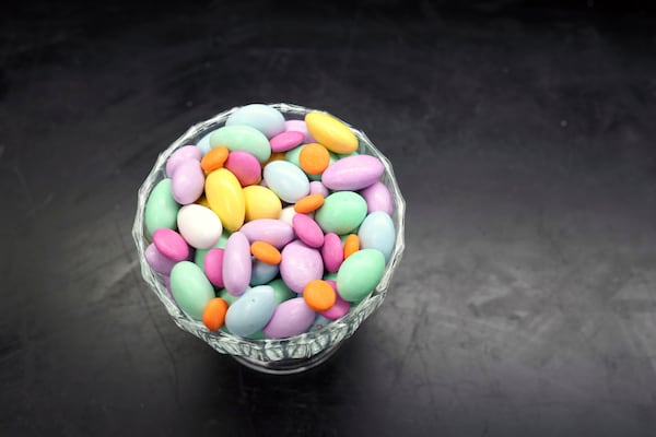Candy using food coloring are displayed in a lab at Sensient Technologies Corp., a color additive manufacturing company, in St. Louis., on Wednesday, April 2, 2025. (AP Photo/Jeff Roberson)
