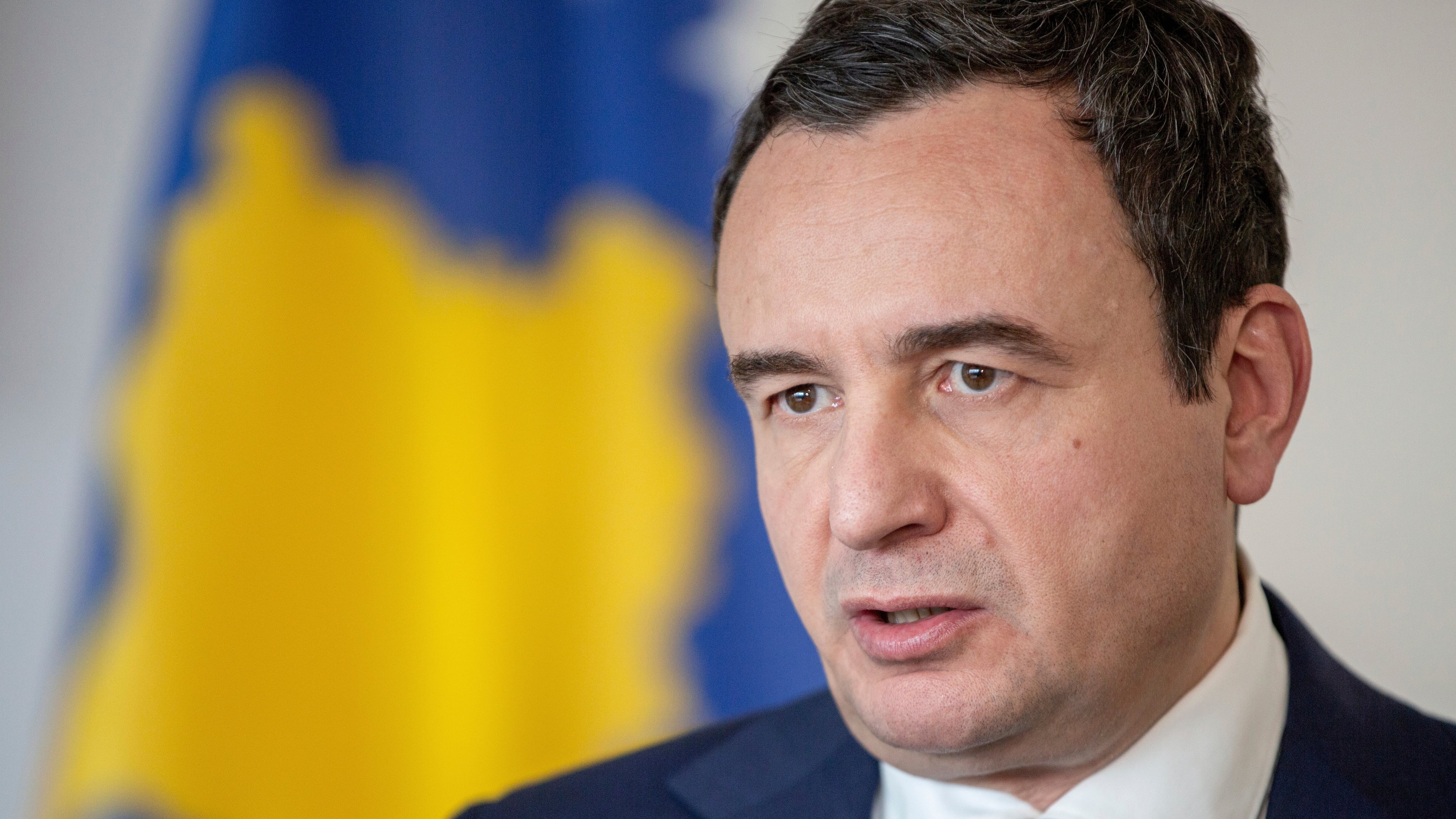 FILE - Kosovo Prime Minister Albin Kurti speaks during an interview with The Associated Press in the capital Pristina, Friday, Sept. 29, 2023. (AP Photo/Visar Kryeziu, File)