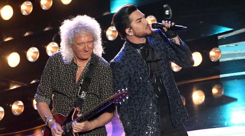 Singer Adam Lambert (R) and Brian May of Queen perform onstage during the 91st Annual Academy Awards at the Dolby Theatre on February 24, 2019, in Hollywood, California.