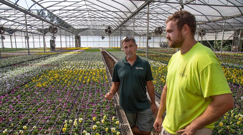 Quail Hollow Nurseries owner Andy Peck and his son, Nathan, the nursery’s vice president, talk Monday about the possibilities from growing hemp plants at their Dacula nursery. STEVE SCHAEFER / SPECIAL TO THE AJC