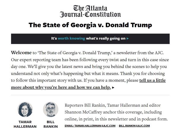 Preview of  ‘The State of Georgia v. Donald Trump,’ a newsletter from the AJC.