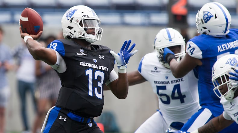 Quarterback #13 Dan Ellington threw a strong pass as Panther fans got their first look at the 2019 Georgia State University football team in action during the annual Blue-white Spring Game at Georgia State Stadium in Atlanta on Saturday April 13th, 2019. (Photo by Phil Skinner)