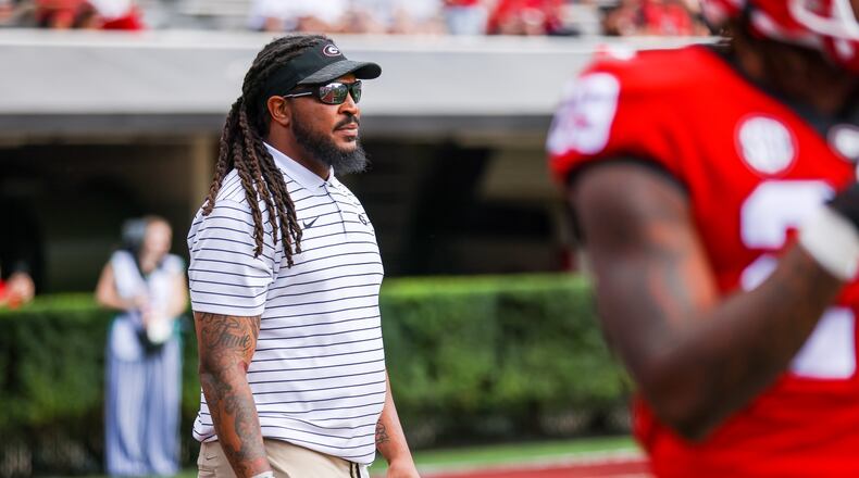 Former Georgia linebacker Jarvis Jones is photographed as the Bulldogs warmed up before playing their annual G-Day spring scrimmage at Sanford Stadium in Athens, Ga., on Saturday, April 15, 2023. (Tony Walsh/UGA Athletics)