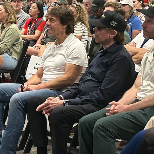 Actor Tom Cruise and movie producer Jerry Bruckheimer attend a drivers meeting before a NASCAR auto race at Daytona International Speedway, Saturday, Aug. 29, 2026, in Daytona Beach, Fla. (AP Photo/Mark Long)