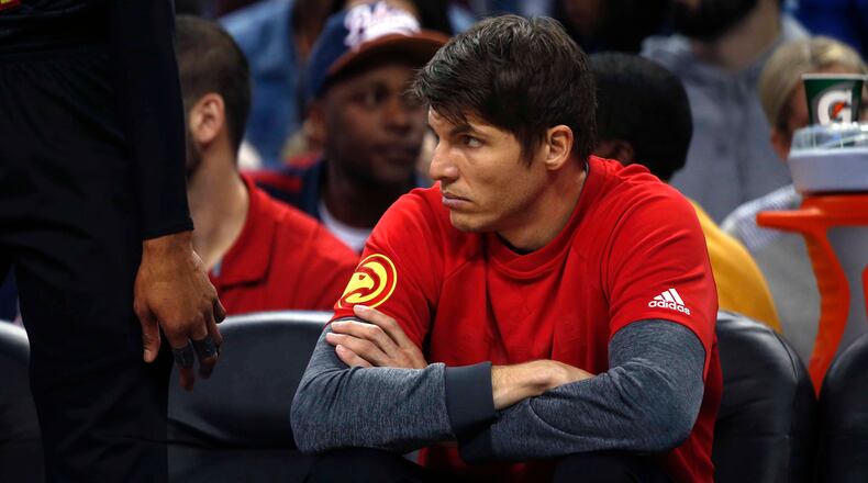 Atlanta Hawks guard Kyle Korver sits on the bench in the first half of an NBA basketball game against the New Orleans Pelicans in New Orleans, Thursday, Jan. 5, 2017. (AP Photo/Gerald Herbert)