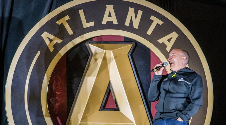 Atlanta United celebrates the beginning of their 5th season where United President Darren Eales speaks before the unveiling the 2021 team uniforms Friday, Feb 26, 2021 during a drive-in at the Home Depot Backyard. (Jenni Girtman for The Atlanta Journal-Constitution)