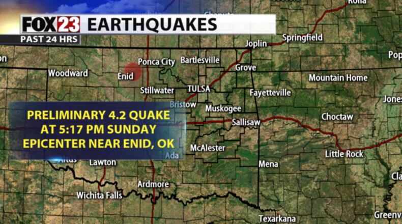 A 4.2 magnitude earthquake hit parts of Oklahoma Sunday evening. (Photo: Fox23.com)