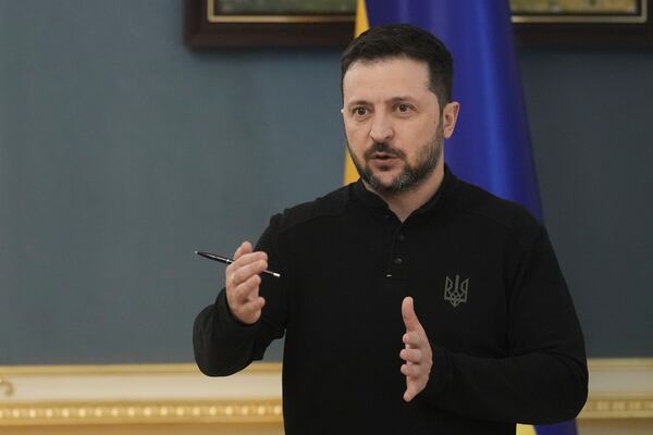 Ukrainian President Volodymyr Zelenskyy speaks during a briefing in Kyiv, Ukraine, Friday, March 28, 2025. (AP Photo/str)