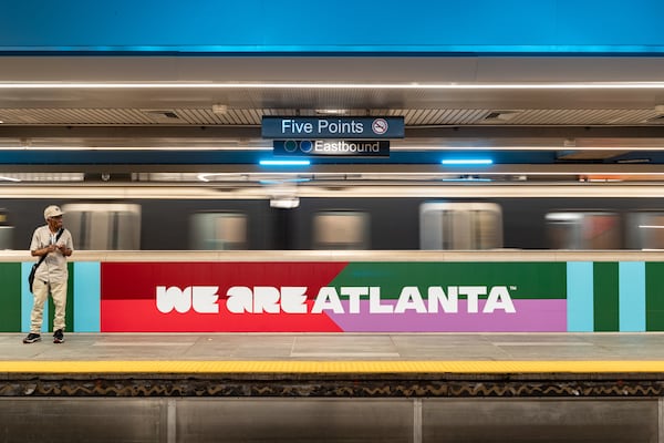 A FIFA World Cup ad is seen along the tracks of the Five Points MARTA station on Friday. (Ben Hendren for the AJC)