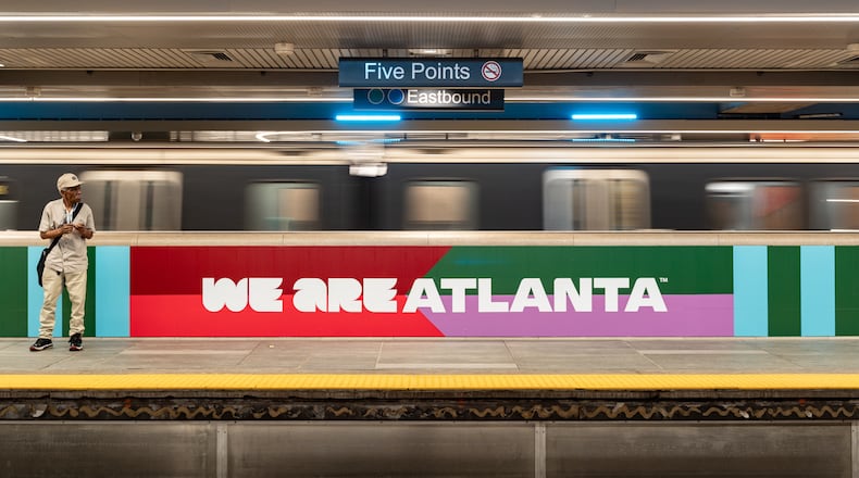 A FIFA World Cup ad is seen along the tracks of the Five Points MARTA station on Friday, June 5, 2026. (Ben Hendren for the AJC)