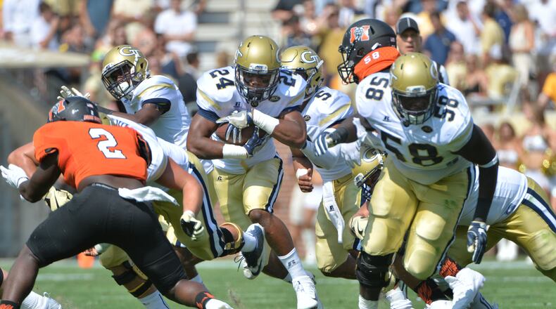 Georgia Tech B-back Marcus Allen rushes against the Mercer Bears in the first half at Bobby Dodd Stadium on Saturday, September 10, 2016. HYOSUB SHIN / HSHIN@AJC.COM