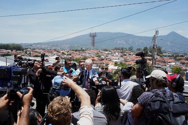 Maryland Sen. Chris Van Hollen speaks to the press in La Libertad, El Salvador, where he arrived regarding Kilmar Abrego Garcia, a Salvadoran citizen who was living in Maryland and deported to El Salvador by the Trump administration, Wednesday, April 16, 2025. (AP Photo/Salvador Melendez)