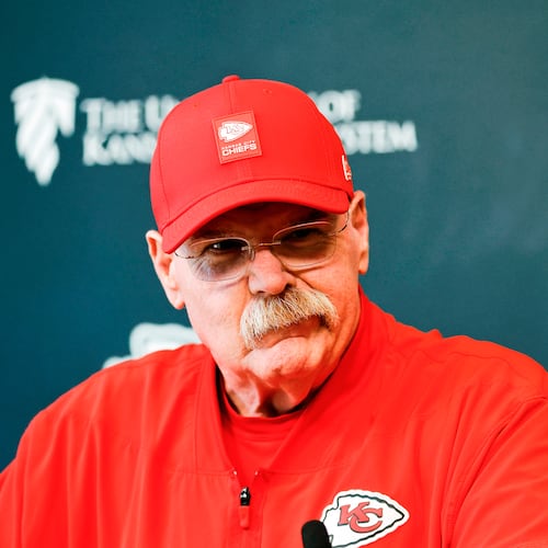 Kansas City Chiefs head coach Andy Reid reacts to a question as he meets with the media on the second day of the NFL football team's rookie minicamp in Kansas City, Mo., Saturday, May 2, 2026. (AP Photo/Colin E. Braley)