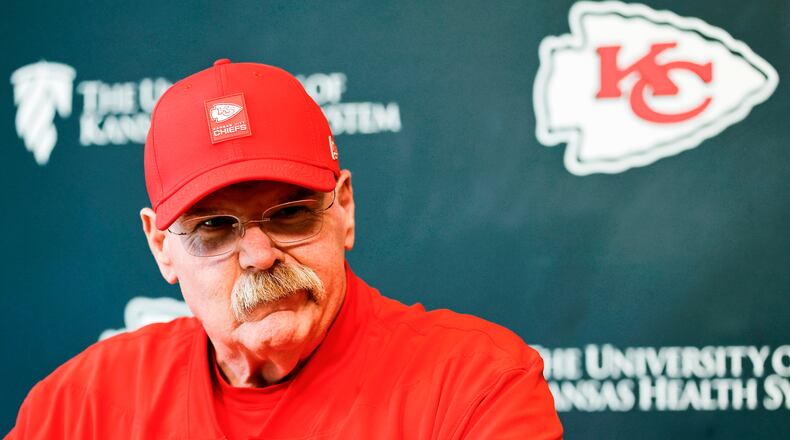Kansas City Chiefs head coach Andy Reid reacts to a question as he meets with the media on the second day of the NFL football team's rookie minicamp in Kansas City, Mo., Saturday, May 2, 2026. (AP Photo/Colin E. Braley)