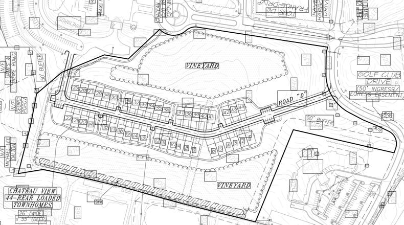 The Braselton Planning Commission recently recommended denial of a Chateau Elan Resorts’ project that included 44 townhomes near the vineyards, as well as 24 additional townhomes and 55 detached single-family homes. (Courtesy Town of Braselton)