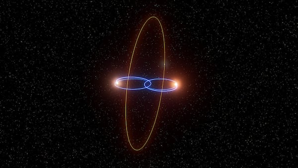 This artist’s illustration provided by the European Southern Observatory shows the possible orbit of a new exoplanet around two brown dwarfs, or failed stars, 120 light years away. (L. Calçada/ESO via AP)