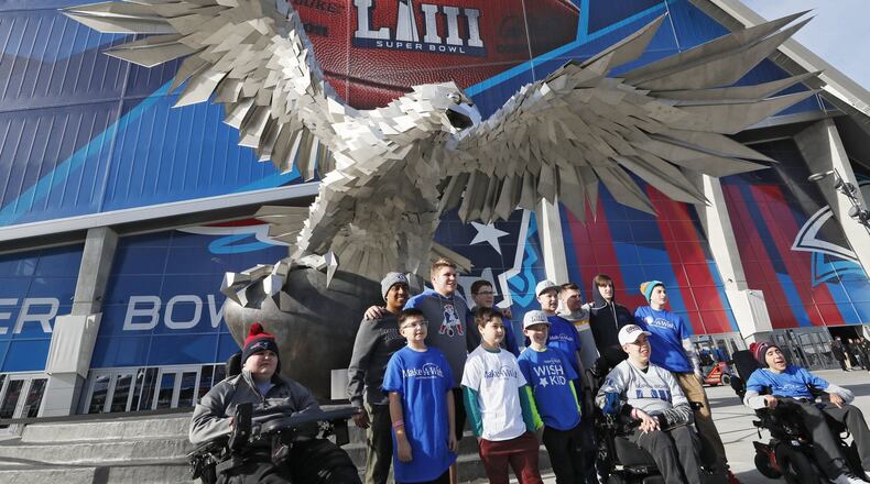 Make-A-Wish kids and their families got a private tour of Mercedes-Benz Stadium Friday morning. A team of 16 Make-A-Wish kids and their families from throughout the US and Canada traveled to Atlanta for Super Bowl LIII. Hosted by Make-A-Wish Georgia, they will be in attendance at Super Bowl LIII . Bob Andres / bandres@ajc.com