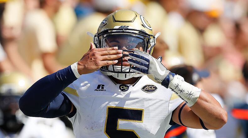 Justin Thomas #5 of Georgia Tech Yellow Jackets reacts after rushing for a touchdown against the Duke Blue Devils at Bobby Dodd Stadium on October 29, 2016 in Atlanta, Georgia. (Photo by Kevin C. Cox/Getty Images)