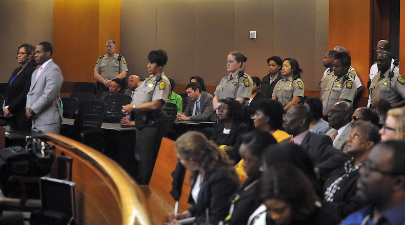 APRIL 1, 2015 — Extra deputies provided security in the courtroom at Fulton County Superior Court as the verdicts were read in the Atlanta Public Schools test-cheating trial. A jury of six men and six women convicted 11 of the 12 defendants following a nearly eight-months-long trial that began in August 2014. (Atlanta Journal-Constitution, Kent D. Johnson, Pool)
