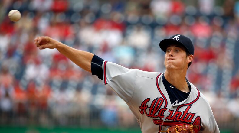 Braves starting pitcher Matt Wisler throws during the first inning of a baseball game against the Washington Nationals at Nationals Park, Thursday, June 25, 2015, in Washington. (AP Photo/Alex Brandon)