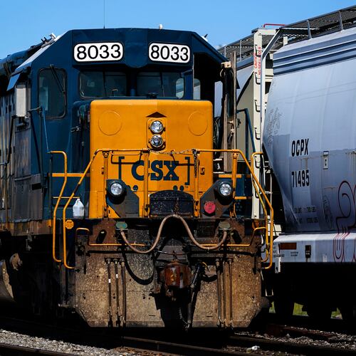 FILE - A CSX train engine sits idle on tracks in Philadelphia, Sept. 14, 2022. (AP Photo/Matt Rourke, File)